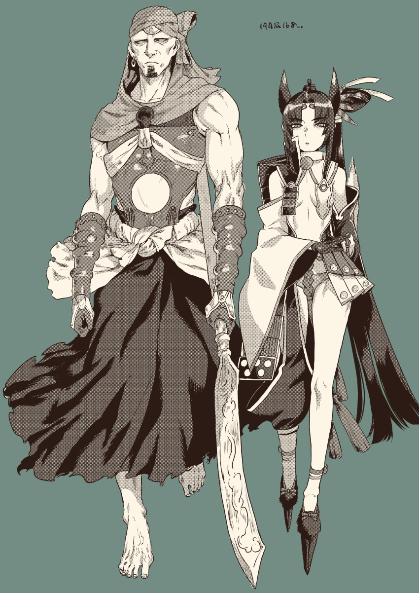 1boy 1girl animal_ears armor bandana barefoot black_sclera breastplate breasts circlet detached_sleeves earrings facial_hair fate/grand_order fate_(series) faulds forehead_protector geta glaive gloves goatee green_background greyscale hair_bun hand_on_hilt height_difference highres japanese_armor jewelry long_hair monochrome musashibo_benkei_(fate/grand_order) panties revealing_clothes rokkotsu serious side-by-side side_bun side_ponytail small_breasts tengu-geta underwear ushiwakamaru_(fate/grand_order) very_long_hair walking wide_sleeves