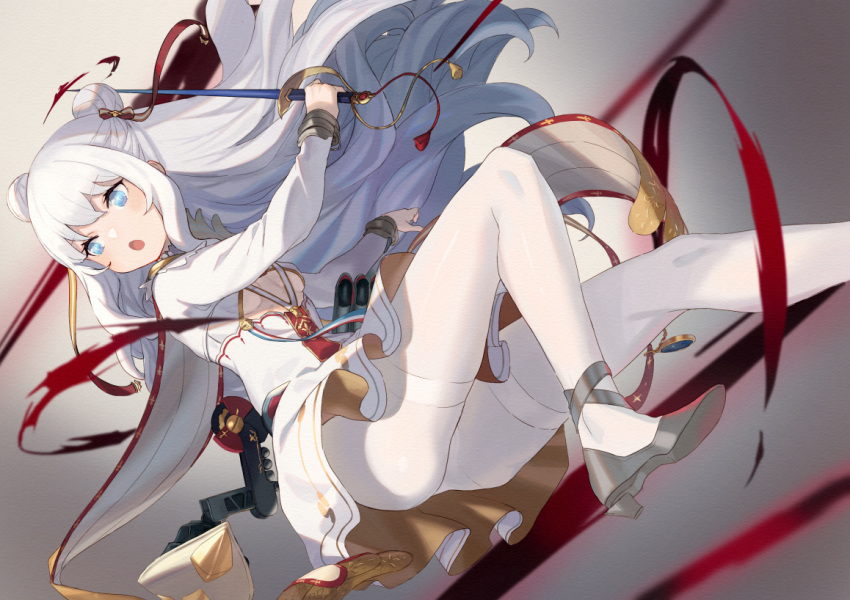 1girl :o azur_lane bangs blue_eyes blurry blurry_background blush breasts commentary_request depth_of_field double_bun dress eyebrows_visible_through_hair grey_background grey_footwear high_heels holding holding_sword holding_weapon le_malin_(azur_lane) long_hair long_sleeves medium_breasts open_mouth pantyhose peroncho saber_(weapon) shoe_soles shoes sidelocks silver_hair solo sword thighband_pantyhose under_boob very_long_hair weapon white_dress white_legwear