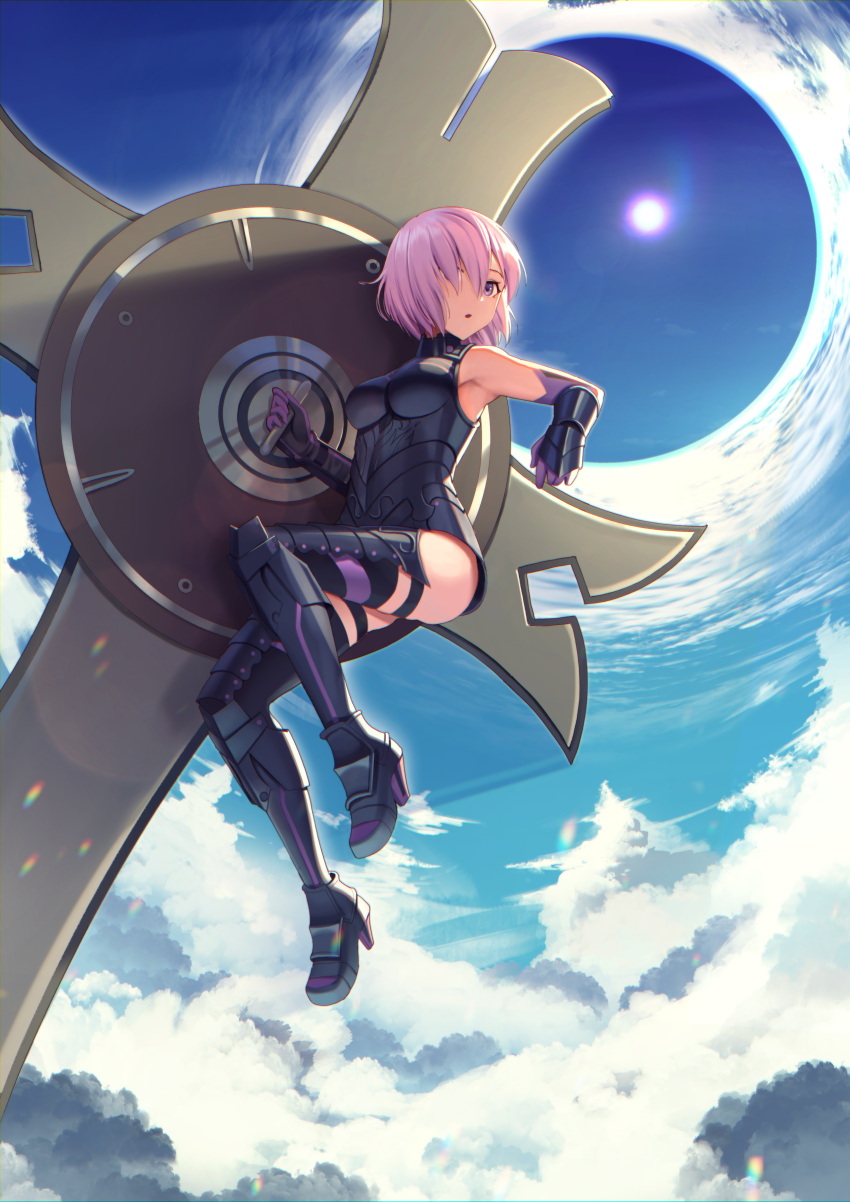 1girl absurdres bodysuit boots breasts clouds cloudy_sky elbow_gloves fate/grand_order fate_(series) full_body fur_trim gauntlets gloves goback hair_over_one_eye highres huge_filesize large_breasts lavender_hair mash_kyrielight purple_hair shield short_hair sky solo sun thigh-highs thigh_boots thigh_strap violet_eyes