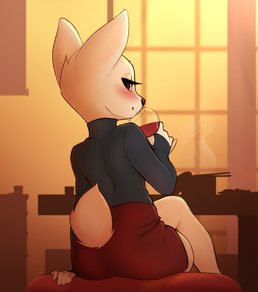 1girl absurdres aggressive_retsuko alcohol animal_ears arm_support ass black_shirt blush brown_eyes chopsticks crossed_legs cup drinking_glass fennec_fox fenneko food fox_ears fox_tail from_behind furry highres holding holding_cup indoors long_sleeves looking_at_viewer looking_back miniskirt nose_blush pencil_skirt pudgeruffian red_skirt shirt sitting skirt sleeves_past_wrists smile solo steam table tail turtleneck wine wine_glass
