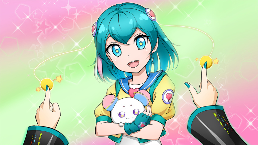 2girls :d aqua_gloves aqua_nails blue_eyes blue_hair crazypen crossed_arms fingerless_gloves fuwa_(precure) gloves hagoromo_lala hatsune_miku head_tilt heart heart_print holding index_finger_raised long_sleeves looking_at_viewer multicolored multicolored_background multiple_girls nail_polish open_mouth precure shiny shiny_hair short_hair short_sleeves smile solo_focus star star-shaped_pupils star_twinkle_precure symbol-shaped_pupils upper_body vocaloid