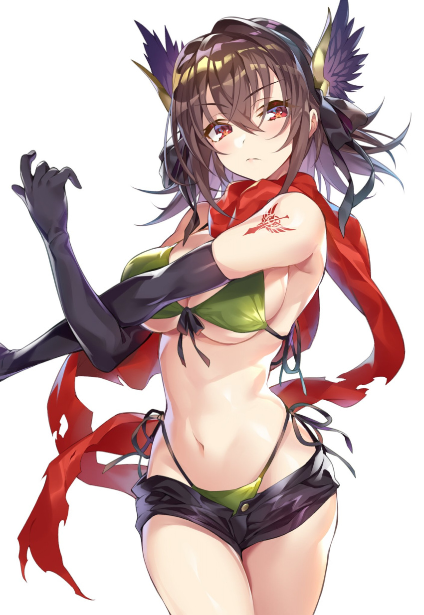 1girl bangs bare_shoulders bikini bikini_top bikini_under_clothes breasts brown_hair buttons closed_mouth commentary_request elbow_gloves eyebrows_visible_through_hair gan_(shanimuni) gloves hair_ornament highleg highleg_bikini highres kanpani_girls looking_at_viewer medium_breasts navel red_eyes red_scarf scarf serious shiny shiny_clothes shiny_hair short_hair short_shorts shorts side-tie_bikini simple_background solo stomach swimsuit tattoo unbuttoned white_background