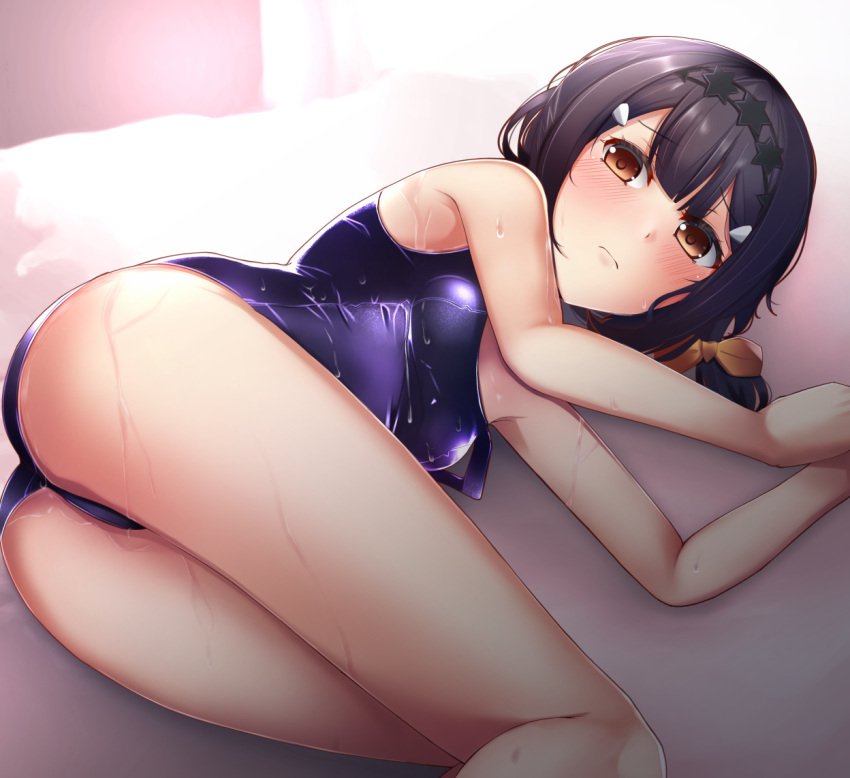 1girl ass black_hair breasts brown_eyes commentary_request eyebrows_visible_through_hair fate/kaleid_liner_prisma_illya fate_(series) hair_ornament hairclip kuro_yanagi long_hair miyu_edelfelt purple_swimsuit school_swimsuit small_breasts solo swimsuit