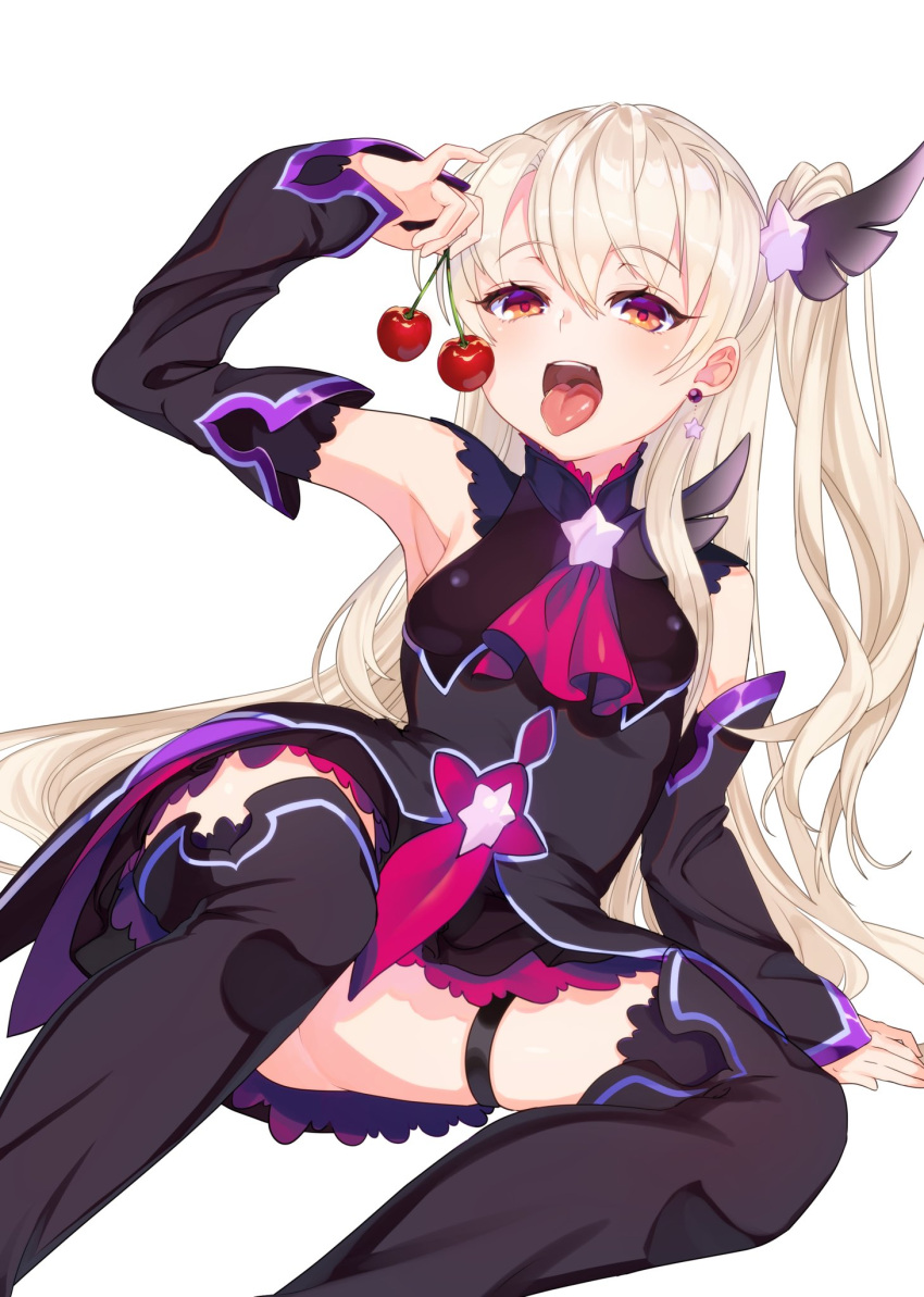 1girl bare_shoulders black_legwear breasts cherry detached_sleeves earrings eyebrows_visible_through_hair fate/grand_order fate/kaleid_liner_prisma_illya fate_(series) food fruit hair_ornament highres holding holding_food illyasviel_von_einzbern jewelry kirushi_(killcy) long_hair looking_at_viewer open_mouth prisma_illya red_eyes small_breasts smile solo testament_(fate) thigh-highs tongue tongue_out