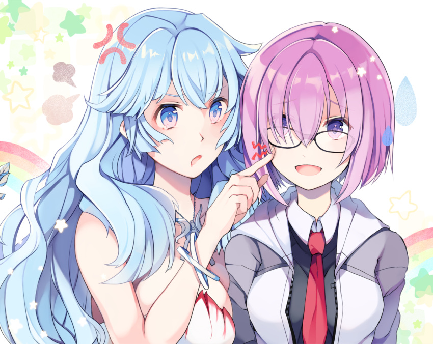2girls anger_vein artemis_(fate/grand_order) bangs black_shirt blue_hair breasts commentary_request dress eyebrows_visible_through_hair fate/grand_order fate_(series) glasses grey_jacket hair_over_one_eye hiyunagi jacket jewelry large_breasts long_hair looking_at_another mash_kyrielight multiple_girls necklace necktie red_neckwear shirt short_hair smile violet_eyes white_jacket