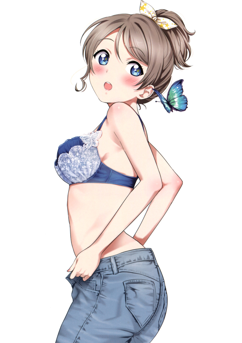 1girl absurdres bangs blue_bra blue_eyes blush bra breasts brown_hair bug butterfly denim eyebrows_visible_through_hair hair_ribbon hair_tie highres insect jeans lace lace-trimmed_bra love_live! love_live!_sunshine!! medium_breasts pants ribbon rozen5 scan short_hair simple_background solo unbuttoning underwear watanabe_you white_background