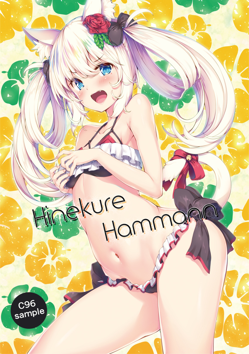 1girl akyorapenyo animal_ear_fluff animal_ears azur_lane bikini black_bikini black_bow blue_eyes blush bow breasts cat_tail character_name eyebrows_visible_through_hair floral_background flower hair_bow hair_flower hair_ornament hair_rings hammann_(azur_lane) highres long_hair looking_at_viewer medium_breasts navel open_mouth red_flower red_ribbon red_rose ribbon rose sample side-tie_bikini solo standing swimsuit tail tail_ribbon teeth twintails upper_teeth white_hair