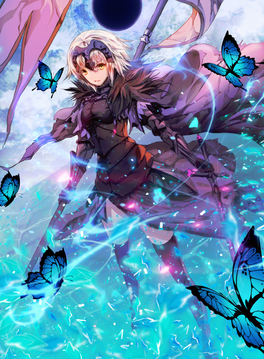 1girl absurdres armor armored_dress banner black_dress black_legwear blue_butterfly cape dress eclipse fate/grand_order fate_(series) headpiece highres holding holding_sword holding_weapon jeanne_d'arc_(alter)_(fate) jeanne_d'arc_(fate)_(all) neon_(hhs9444) purple_cape short_hair silver_hair solo standing sword thigh-highs weapon yellow_eyes