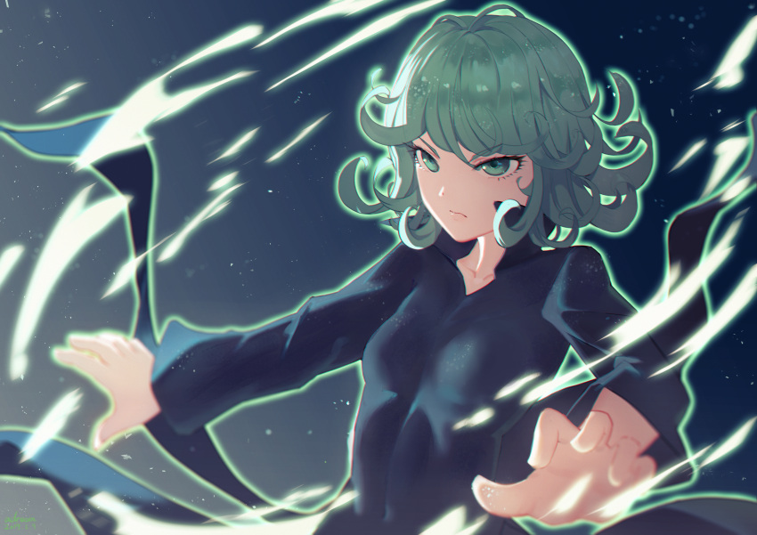 1girl absurdres black_dress breasts closed_mouth collarbone covered_navel dress green_eyes green_hair highres long_sleeves medium_hair one-punch_man small_breasts solo tatsumaki upper_body user_uzjf22341228
