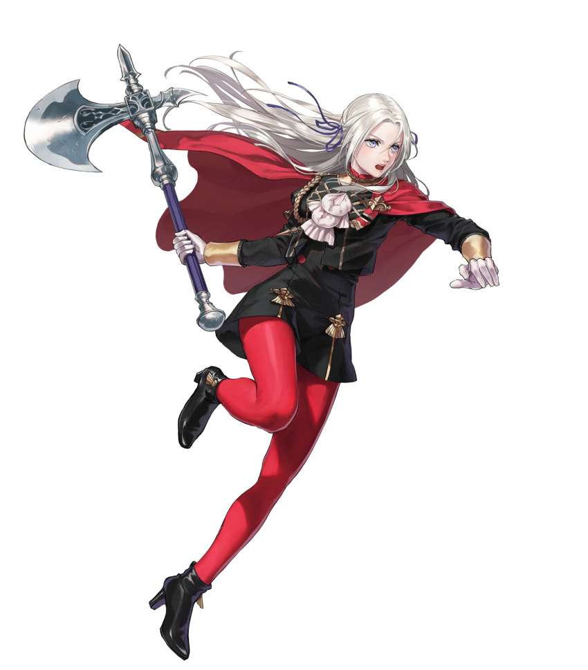 1girl ankle_boots black_dress black_footwear boots cape dress edelgard_von_hresvelgr_(fire_emblem) fire_emblem fire_emblem:_three_houses fire_emblem_heroes full_body gloves high_heel_boots high_heels highres long_hair long_sleeves pantyhose red_cape red_legwear short_dress solo suda_ayaka transparent_background white_gloves