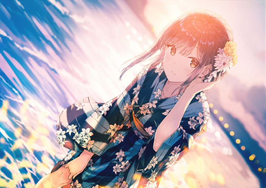 1girl backlighting beach blurry blurry_background brown_eyes brown_hair clouds cloudy_sky commentary_request depth_of_field dutch_angle floral_print flower hair_flower hair_ornament hand_up hiten_(hitenkei) japanese_clothes kimono leaning_forward long_hair long_sleeves obi original original_character outdoors parted_lips print_kimono rose sash sidelocks skirt skirt_lift sky smile solo summer summer_festival sunlight sunset wading water white_flower wide_sleeves yellow_flower yellow_rose