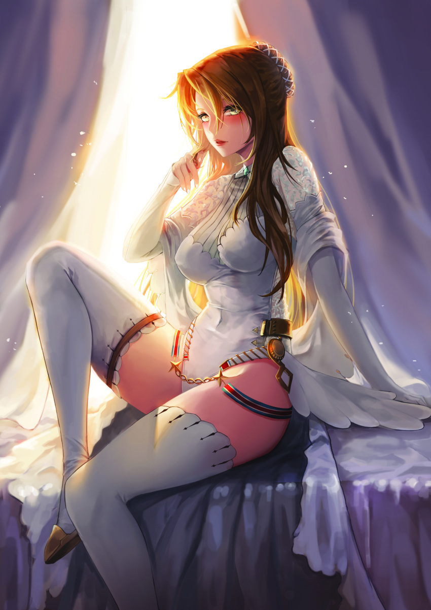 1girl absurdres alternate_costume arm_support backlighting bangs blush boots braid breasts brown_hair covered_navel dress girls_frontline gloves green_eyes hair_bun hair_ornament high_heel_boots high_heels highres kibellin knee_up large_breasts lee-enfield_(girls_frontline) leotard long_hair looking_at_viewer open_mouth playing_with_own_hair shawl sitting solo star thigh-highs thigh_boots wedding_dress white_footwear white_leotard