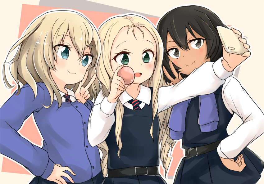 3girls andou_(girls_und_panzer) bangs barashiya bc_freedom_school_uniform belt black_hair blonde_hair blue_eyes blush brown_eyes cellphone dark_skin drill_hair food girls_und_panzer green_eyes hand_on_hip long_hair long_sleeves macaron marie_(girls_und_panzer) medium_hair messy_hair multiple_girls necktie open_mouth oshida_(girls_und_panzer) phone pleated_skirt school_uniform simple_background skirt smartphone smile sweater sweater_around_neck taking_picture v