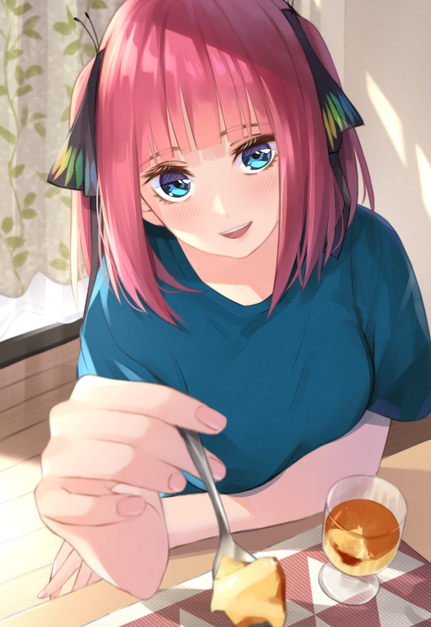 1girl :d absurdres bangs blue_eyes blue_shirt blunt_bangs blurry blush breasts butterfly_hair_ornament curtains day depth_of_field eyebrows_visible_through_hair feeding fingernails food go-toubun_no_hanayome hair_between_eyes hair_ornament hair_ribbon hand_up highres holding holding_spoon indoors large_breasts medium_hair nakano_nino open_mouth pov pov_feeding pudding redhead ribbon shirt short_sleeves sidelocks sitting smile spoon t-shirt table teeth to_gemichi two_side_up window window_shade
