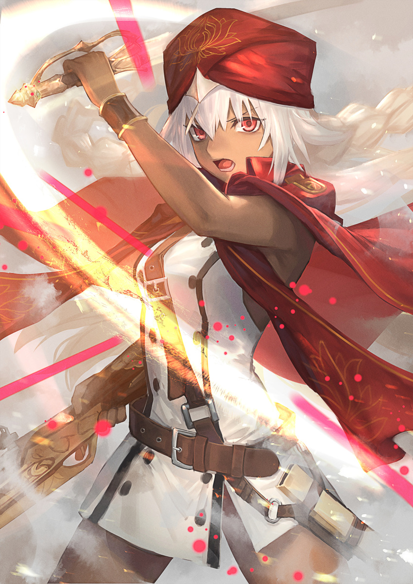 1girl arm_up bangs belt belt_buckle breasts brown_belt buckle cape commentary_request dark_skin dress eyebrows_behind_hair fate/grand_order fate_(series) gun hair_between_eyes highres holding holding_gun holding_sword holding_weapon kazuki_seto lakshmibai_(fate/grand_order) looking_at_viewer open_mouth red_cape red_eyes red_headwear sleeveless sleeveless_dress small_breasts solo sword turban v-shaped_eyebrows weapon white_dress white_hair