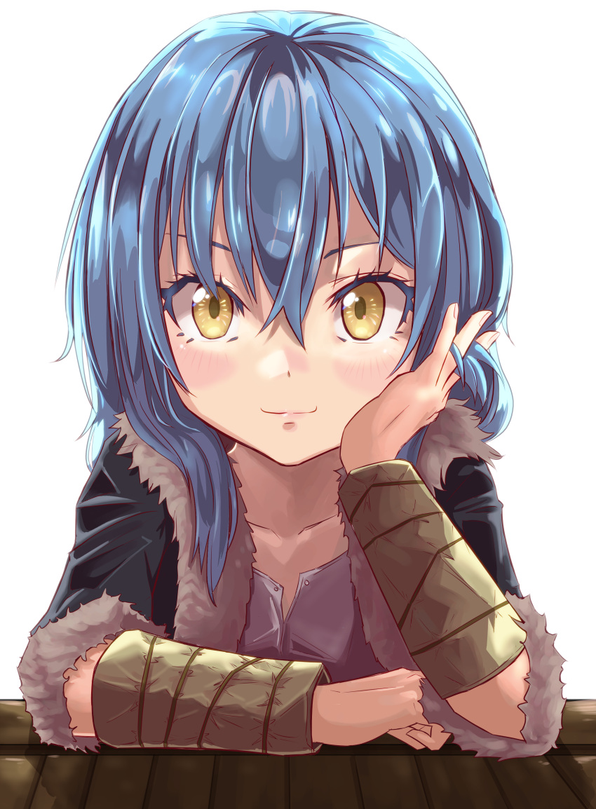 1girl absurdres androgynous blue_hair closed_mouth hair_between_eyes head_rest highres huge_filesize long_hair looking_at_viewer noerue1219 rimuru_tempest shiny shiny_hair simple_background smile solo tensei_shitara_slime_datta_ken upper_body white_background yellow_eyes