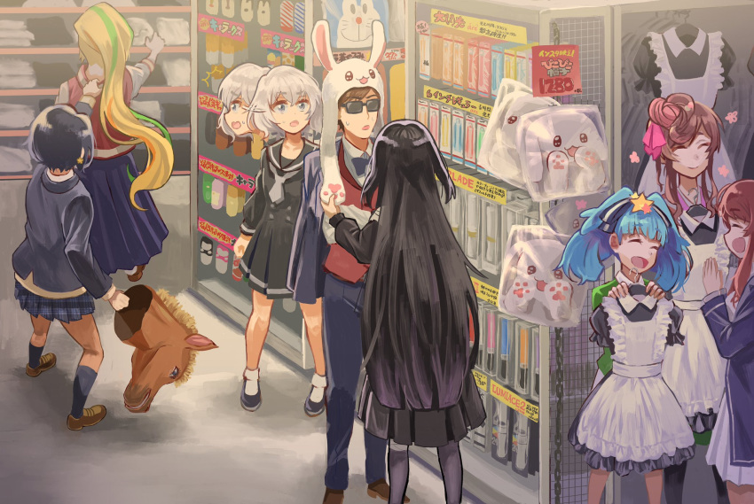 1boy 6+girls animal_hat aqua_hair bandages black_dress black_hair blazer blonde_hair blue_eyes brown_hair bunny_hat cardigan closed_eyes commentary_request dango_hair_ornament dress food_themed_hair_ornament green_hair hair_ornament hat heart highres horse_mask hoshikawa_lily jacket jacket_on_shoulders japanese_clothes kimono konno_junko letterman_jacket long_hair long_skirt low_twintails maid_dress mask minamoto_sakura mizuno_ai multicolored_hair multiple_girls nikaidou_saki open_mouth orange_hair red_eyes red_vest redhead ribbon sailor_dress sgen short_hair side_ponytail skirt star star_hair_ornament streaked_hair sunglasses tatsumi_koutarou twintails very_long_hair vest white_hair yamada_tae yuugiri_(zombie_land_saga) zombie_land_saga