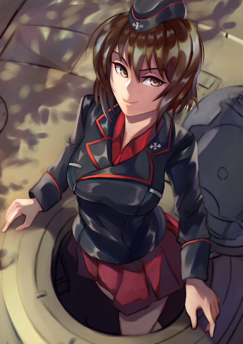 absurdres bangs brown_eyes brown_hair caiman-pool cupola girls_und_panzer ground_vehicle hat highres kuromorimine_military_uniform looking_at_viewer military military_vehicle motor_vehicle nishizumi_maho pleated_skirt red_skirt short_hair skirt smile tank thighs