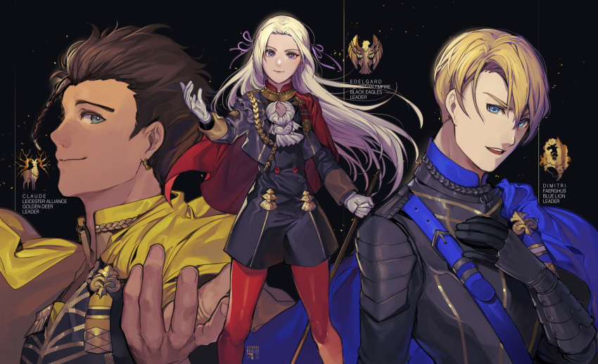 1girl absurdres axe blonde_hair blue_eyes brown_hair cape claude_von_regan_(fire_emblem) cravat dark_skin dimitri_alexandre_bladud_(fire_emblem) edelgard_von_hresvelgr_(fire_emblem) fire_emblem fire_emblem:_three_houses gloves green_eyes hair_ornament hair_ribbon highres long_hair looking_at_viewer multiple_boys pantyhose red_cape ribbon short_hair simple_background smile uniform velahka weapon white_background