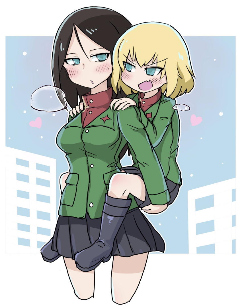 2girls :o bangs black_hair black_skirt blonde_hair blue_eyes blush breath carrying commentary cropped_legs day fang girls_und_panzer green_jacket half-closed_eyes hands_on_another's_shoulders highres insignia jacket katyusha long_hair long_sleeves looking_at_another looking_at_viewer miniskirt multiple_girls nonna open_mouth outdoors outside_border piggyback pleated_skirt pravda_school_uniform red_shirt school_uniform shirt short_hair skin_fang skirt smile snow standing swept_bangs turtleneck v-shaped_eyebrows white_stew