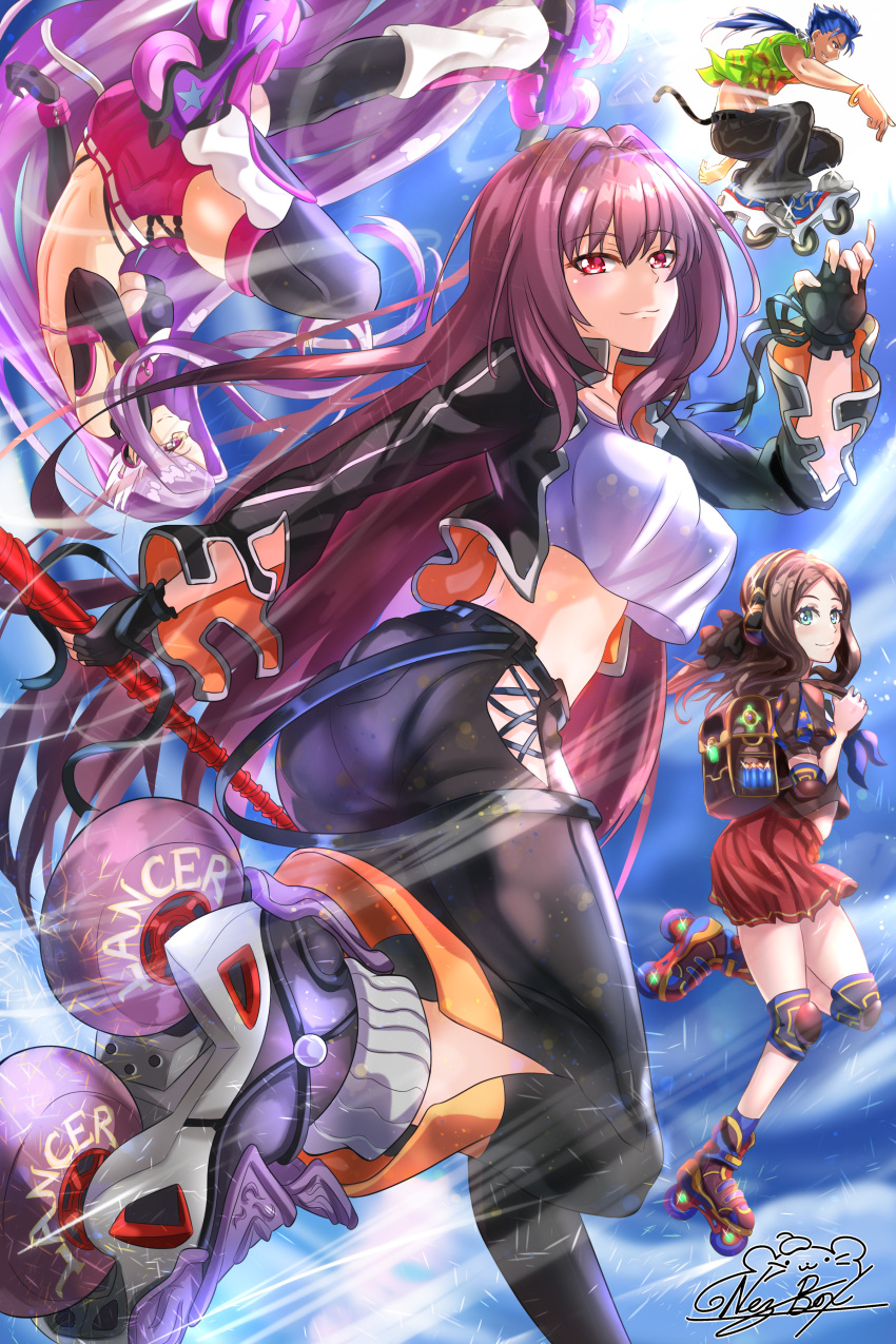 1boy 3girls absurdres air_gear backpack bag black_gloves black_jacket black_legwear black_pants blue_background blue_hair bracelet breasts brown_hair closed_mouth contemporary crop_top crop_top_overhang fate/grand_order fate_(series) gae_bolg glasses gloves green_eyes hair_intakes hawaiian_shirt highres holding holding_spear holding_weapon huge_filesize jacket jewelry knee_pads lancer leonardo_da_vinci_(fate/grand_order) leonardo_da_vinci_(rider)_(fate) long_hair looking_at_viewer midriff multiple_girls nez-kun pants parody pink_shorts polearm ponytail purple_hair red_eyes red_skirt rider roller_skates scathach_(fate)_(all) scathach_(fate/grand_order) shirt shorts signature skates skirt smile spear tank_top thigh-highs under_boob upside-down weapon white_shirt