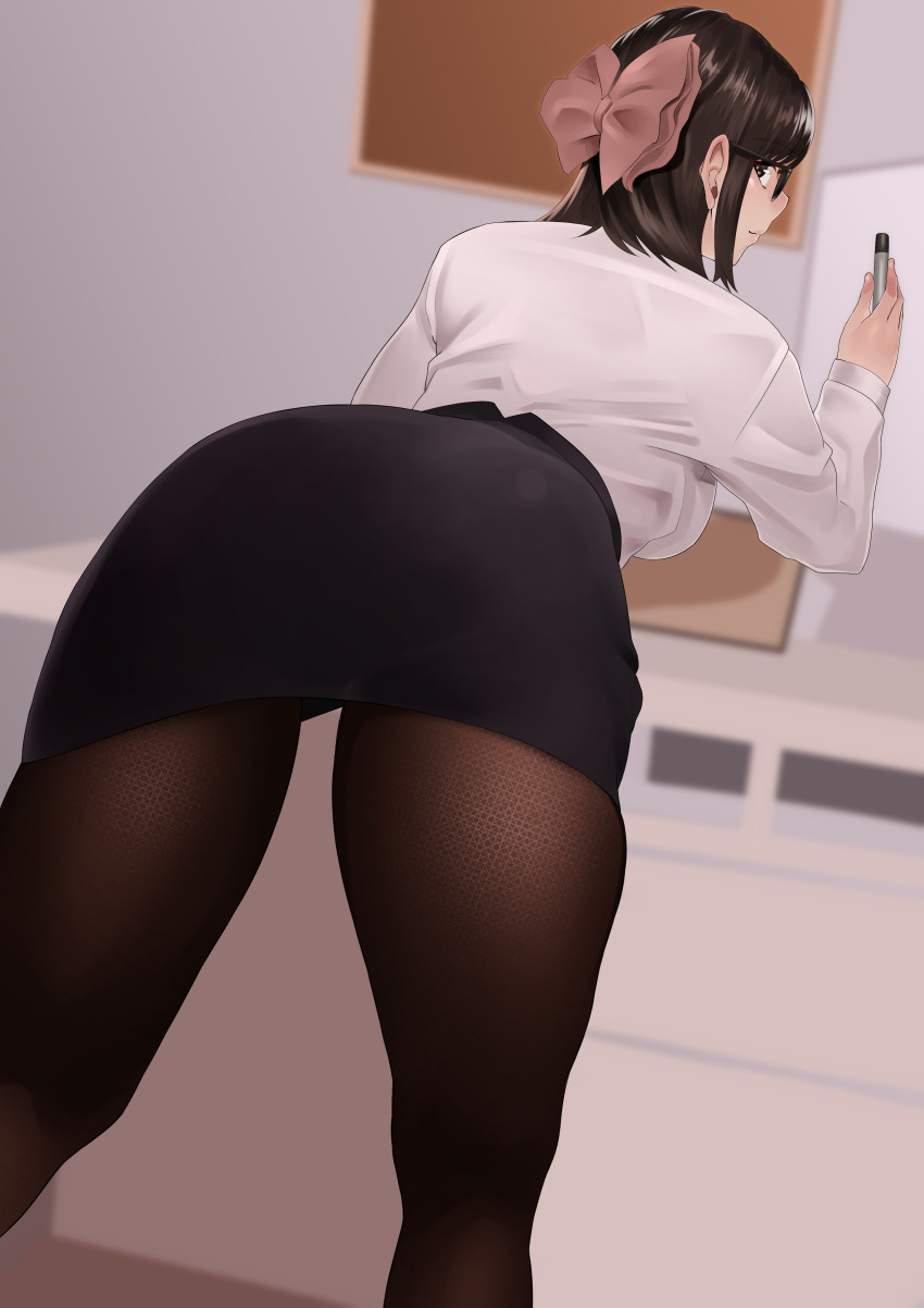 1girl absurdres ass bent_over black_legwear black_skirt bow brown_hair bunny_ayumi commentary_request from_behind glasses hair_bow highres long_hair looking_at_viewer looking_back marker office_lady pantyhose pencil_skirt photo-referenced real_life shirofugu shirt skirt solo standing white_shirt