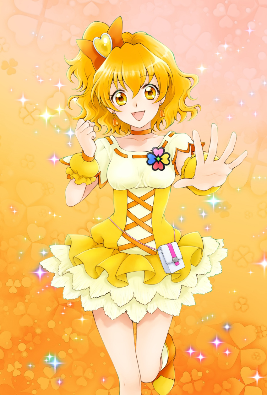 1girl :d aizen_(syoshiyuki) blonde_hair bow choker collarbone cure_pine earrings eyebrows_visible_through_hair fresh_precure! gradient gradient_background hair_between_eyes hair_bow heart heart_earrings highres jewelry layered_skirt leg_up long_hair looking_at_viewer magical_girl miniskirt open_mouth orange_bow outstretched_arm outstretched_hand precure ribbon-trimmed_shirt shiny shiny_hair shirt short_sleeves side_ponytail skirt smile solo sparkle standing standing_on_one_leg wrist_cuffs yamabuki_inori yellow_background yellow_eyes yellow_shirt yellow_skirt