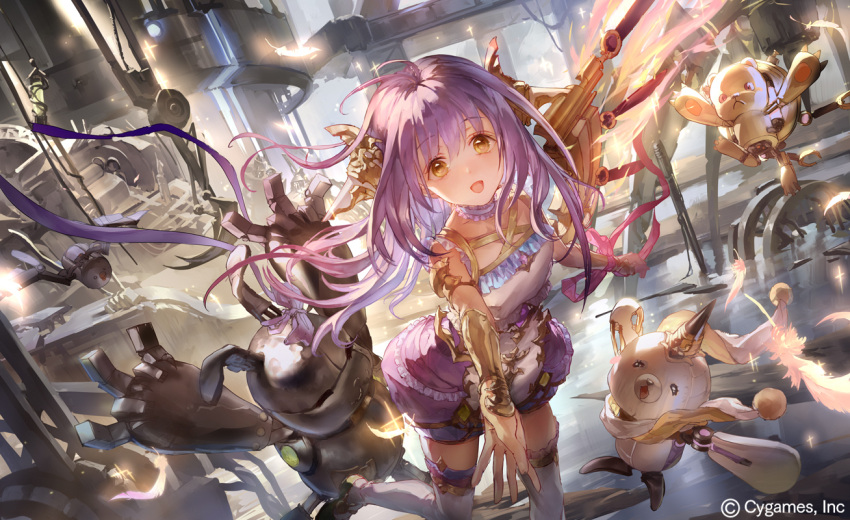 1girl :d animal_ears bangs bare_shoulders black_footwear blush brown_eyes character_request commentary_request dress dutch_angle eyebrows_visible_through_hair feathers hair_between_eyes headgear leaning_forward liiko long_hair official_art open_mouth outstretched_arm purple_dress purple_hair rabbit_ears robot shadowverse shoes sleeveless sleeveless_dress smile solo standing standing_on_one_leg thigh-highs very_long_hair watermark white_feathers white_legwear