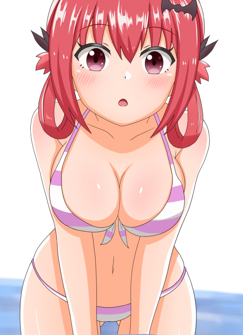 1girl absurdres bat_hair_ornament bikini bikini_top blush breast_press breasts gabriel_dropout hair_ornament highres kurumizawa_satanichia_mcdowell large_breasts looking_at_viewer poa_mellhen redhead ribbon solo swimsuit thigh-highs twintails violet_eyes