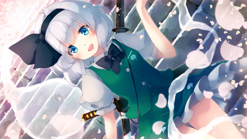 1girl :d bangs black_bow black_hairband black_neckwear black_ribbon blue_eyes blush bow bowtie commentary_request cowboy_shot dutch_angle eyebrows_visible_through_hair gengetsu_chihiro green_skirt green_vest hair_ribbon hairband hand_up highres hitodama katana konpaku_youmu konpaku_youmu_(ghost) looking_at_viewer miniskirt open_mouth petals petticoat puffy_short_sleeves puffy_sleeves ribbon scabbard sheath sheathed shirt short_hair short_sleeves silver_hair skirt skirt_set smile solo stairs standing sword thighs touhou vest weapon weapon_on_back white_shirt