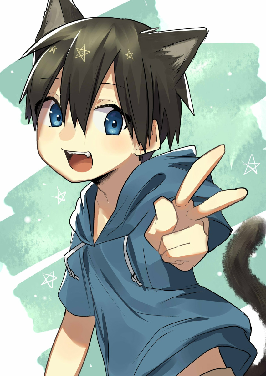 1boy aimai_sheena animal_ears blue_eyes blue_parka-kun brown_hair cat_ears catboy fang highres hood looking_at_viewer male_focus open_mouth original smile solo star v