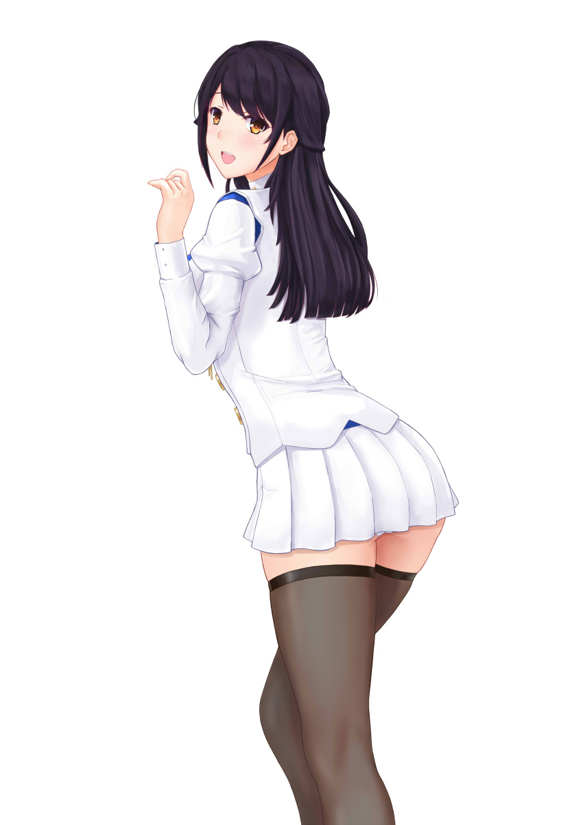 1girl absurdres azur_lane bangs black_hair black_legwear blush brown_eyes choukai_(azur_lane) commentary_request from_behind graphite_(medium) hand_up highres long_hair long_sleeves looking_at_viewer looking_back open_mouth pixiv8724247 pleated_skirt puffy_sleeves shiny shiny_hair shiny_skin simple_background skirt smile solo thigh-highs traditional_media uniform white_background white_skirt zettai_ryouiki