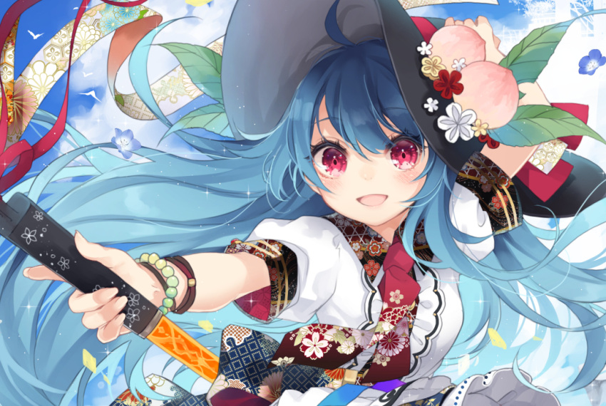 1girl :d ahoge arm_up bangs bead_bracelet beads bird black_headwear blouse blue_flower blue_hair blue_sky blush bracelet clouds commentary_request day eyebrows_visible_through_hair floral_print flower food fruit hand_on_headwear hat hat_flower hat_ribbon hinanawi_tenshi holding holding_sword holding_weapon jewelry leaf long_hair looking_at_viewer necktie open_mouth outdoors peach petticoat puffy_short_sleeves puffy_sleeves red_eyes red_flower red_neckwear red_ribbon reverse_grip ribbon short_sleeves sky smile solo sparkle sword sword_of_hisou touhou toutenkou upper_body weapon white_blouse white_flower yellow_flower