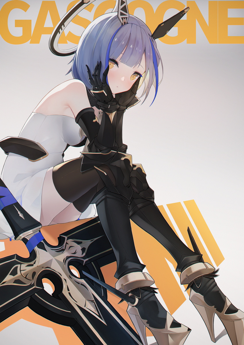 1girl abae armored_boots armpits azur_lane bangs bare_shoulders blue_hair blunt_bangs blush boots breasts brown_legwear character_name closed_mouth dress gascogne_(azur_lane) gauntlets gradient gradient_background grey_background grey_dress hands_on_own_cheeks hands_on_own_face headgear high_heel_boots high_heels highres knee_boots looking_at_viewer medium_breasts multicolored_hair orange_eyes short_hair silver_hair sitting skindentation sleeveless sleeveless_dress solo sword thigh-highs two-tone_hair weapon