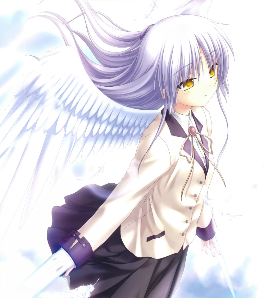 1girl absurdres angel_beats! angel_wings bangs black_skirt blazer collared_shirt cowboy_shot dress_shirt eyebrows_visible_through_hair feathered_wings floating_hair highres jacket long_hair long_sleeves miniskirt na-ga neck_ribbon parted_lips pleated_skirt ribbon shirt silver_hair simple_background skirt solo standing tachibana_kanade very_long_hair white_background white_jacket white_ribbon white_shirt white_wings wing_collar wings yellow_eyes