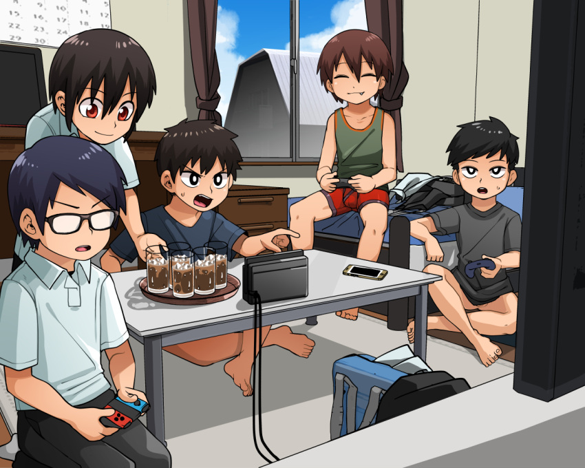 5boys barefoot black_eyes briefs character_request closed_eyes controller copyright_request drink fang game_console game_controller glasses hair_between_eyes handheld_game_console indoors joy-con kaminosaki1 multiple_boys nintendo nintendo_switch nintendo_switch_pro_controller opaque_glasses open_mouth original playing_games red_eyes shota sitting smile sweatdrop underwear