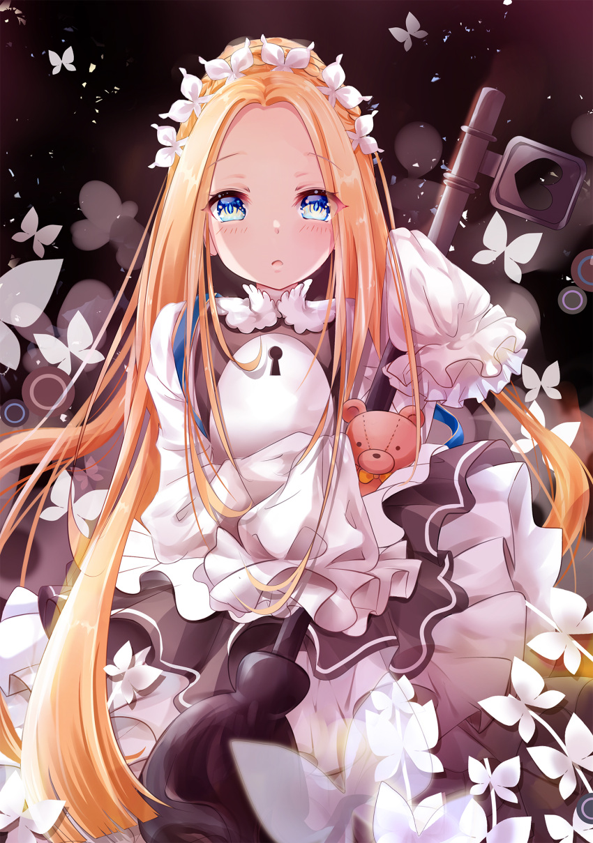 1girl abigail_williams_(fate/grand_order) bangs black_background black_dress blonde_hair blue_eyes blush braid butterfly_hair_ornament commentary_request dress eyebrows_visible_through_hair fate/grand_order fate_(series) forehead hair_bun hair_ornament hand_up heart heroic_spirit_chaldea_park_outfit highres keyhole long_hair long_sleeves looking_at_viewer mutang parted_bangs parted_lips shirt sidelocks sleeveless sleeveless_dress sleeves_past_fingers sleeves_past_wrists solo stuffed_animal stuffed_toy teddy_bear very_long_hair white_shirt