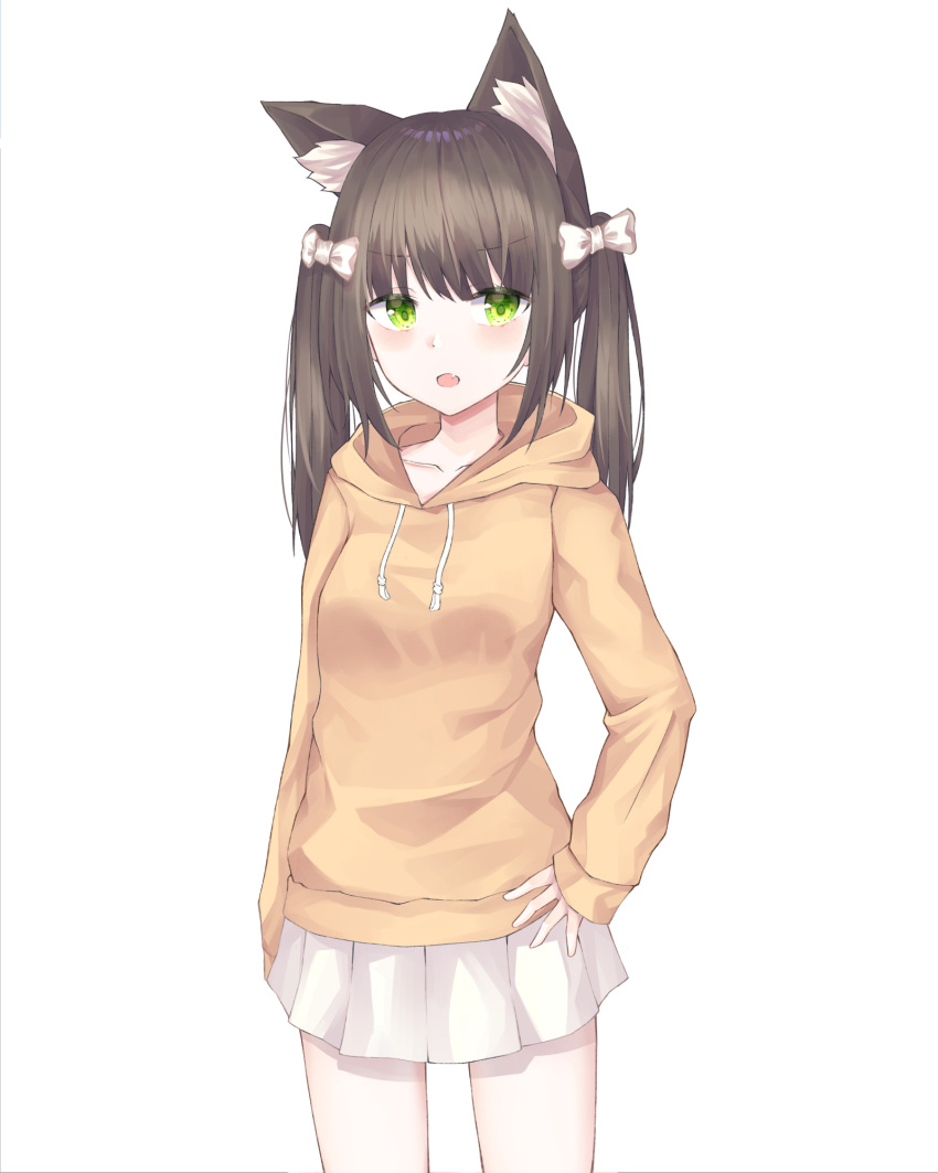 1girl animal_ear_fluff animal_ears bangs blush bow breasts brown_hair brown_hoodie cat_ears collarbone drawstring eyebrows_visible_through_hair fang green_eyes hair_bow hand_on_hip highres hood hood_down hoodie long_hair long_sleeves looking_at_viewer open_mouth original pleated_skirt shiro_(acad1213) sidelocks simple_background skirt sleeves_past_wrists small_breasts solo twintails white_background white_bow white_skirt