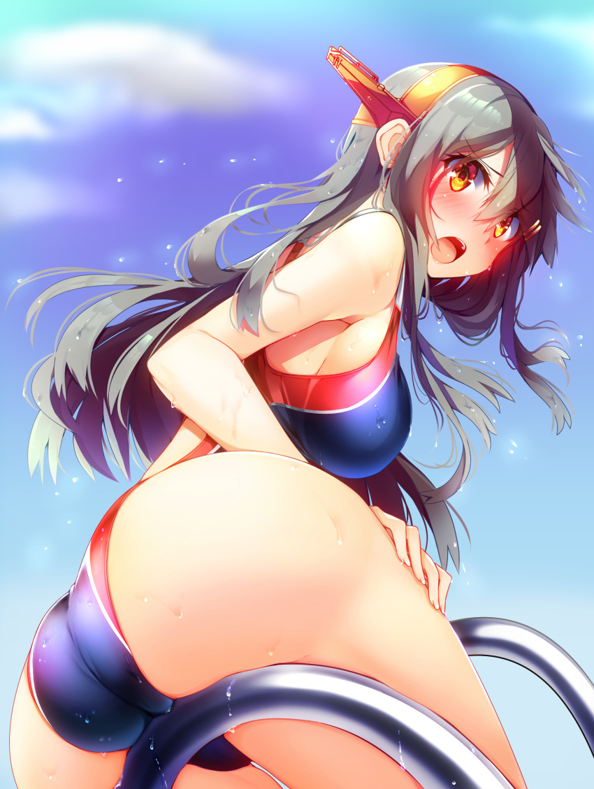 1girl ass black_hair black_swimsuit blue_sky clouds commentary_request competition_swimsuit cowboy_shot day from_below hairband haruna_(kantai_collection) headgear highres kantai_collection long_hair looking_at_viewer looking_back one-piece_swimsuit open_mouth outdoors pool_ladder remodel_(kantai_collection) sky solo swimsuit tsukui_kachou