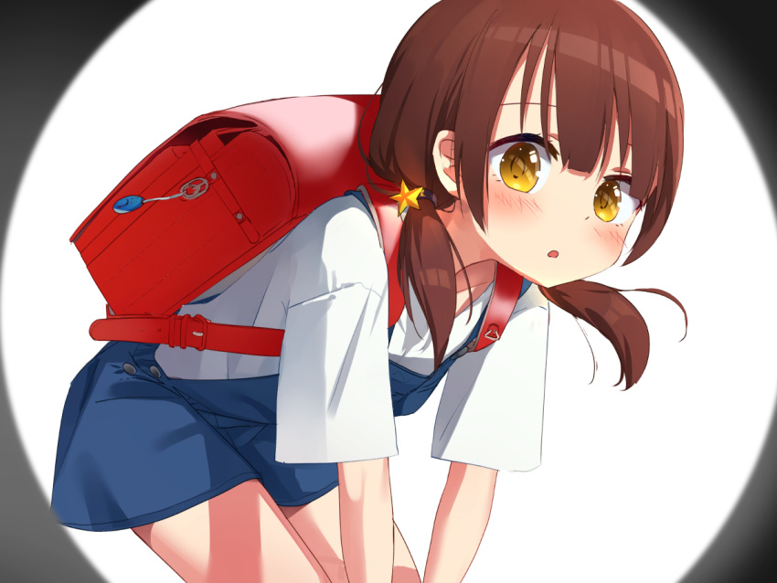 1girl backpack bag blue_dress blush brown_eyes brown_hair child crime_prevention_buzzer dress hands_on_own_knees hoshizora_ayase leaning_forward long_hair low_twintails open_mouth original randoseru shirt short_dress simple_background solo twintails white_background white_shirt