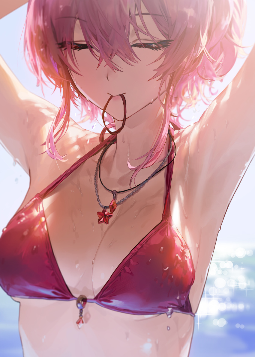 1girl absurdres armpits bikini blue_sky blurry blurry_background blush breasts closed_eyes commentary day hair_between_eyes hair_tie_in_mouth highres holding holding_hair idolmaster idolmaster_cinderella_girls jewelry jougasaki_mika long_hair medium_breasts mossi mouth_hold necklace ocean outdoors pink_hair ponytail red_bikini sky smile solo sparkle star star_necklace swimsuit upper_body wet