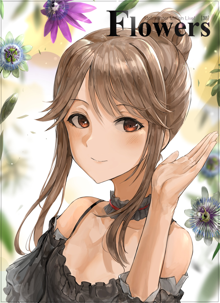 1girl bare_shoulders black_dress blush brown_eyes brown_hair chan1moon collarbone commentary_request copyright_name dress eyebrows_visible_through_hair flower hair_bun highres idolmaster idolmaster_million_live! idolmaster_million_live!_theater_days long_hair looking_at_viewer ponytail purple_flower sidelocks smile solo tenkuubashi_tomoka