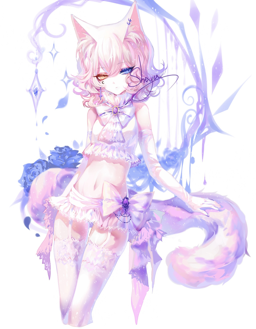 1girl animal_ear_fluff animal_ears bangs bare_shoulders blue_eyes bow bowtie breasts cat_ears cat_tail crescent crop_top elbow_gloves eyebrows_visible_through_hair facial_mark feet_out_of_frame garter_straps gloves hair_between_eyes heterochromia highres looking_at_viewer microskirt midriff navel original sheya shirt short_hair silver_hair simple_background skirt sleeveless sleeveless_shirt small_breasts solo standing stomach tail thigh-highs thighs white_background white_bow white_gloves white_legwear white_neckwear white_shirt white_skirt yellow_eyes