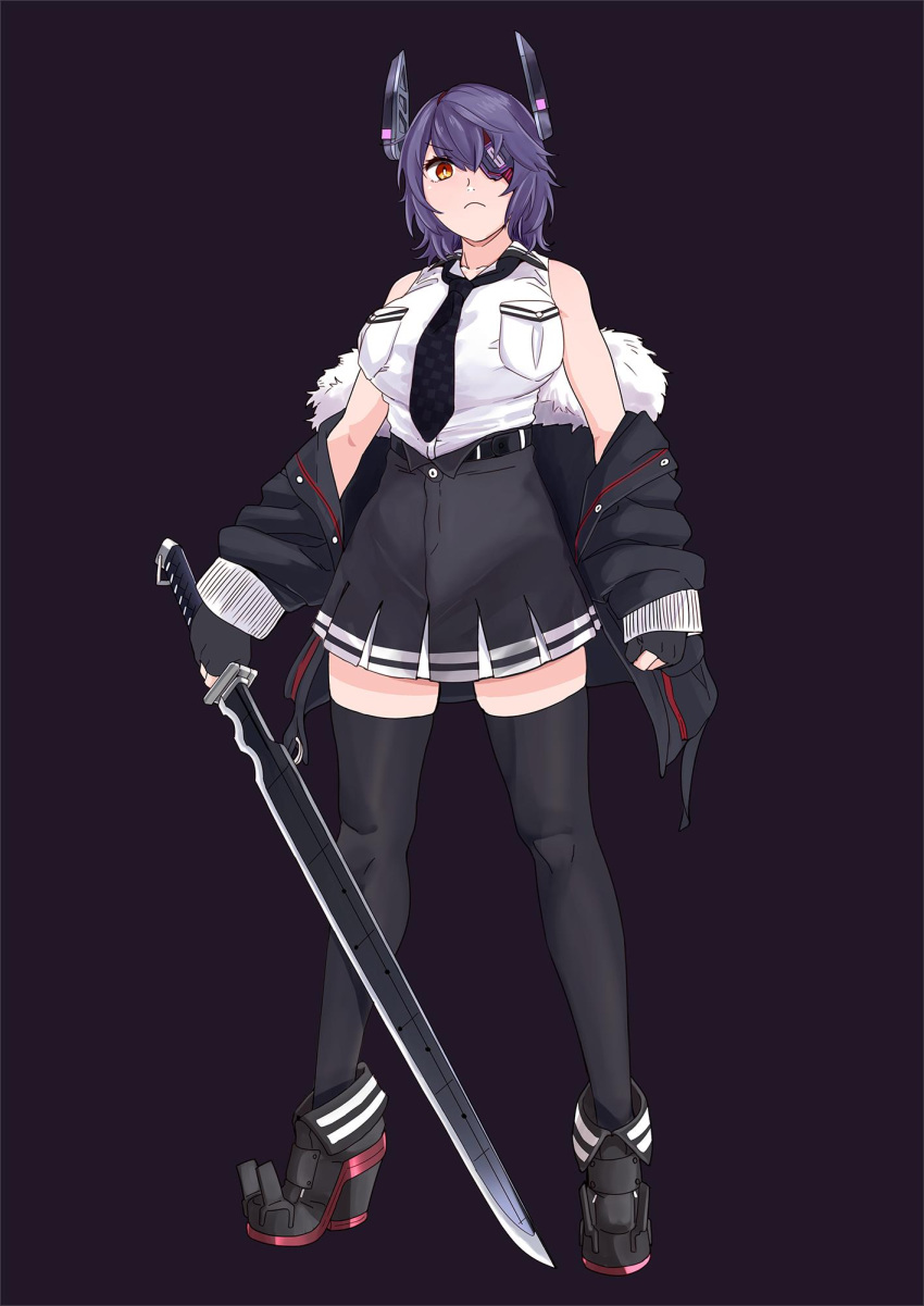 1girl black_gloves black_jacket black_legwear black_skirt breast_pocket breasts checkered checkered_neckwear eyepatch full_body gloves gradient gradient_background headgear highres jacket kantai_collection large_breasts looking_at_viewer necktie ojipon partly_fingerless_gloves pleated_skirt pocket purple_background purple_hair remodel_(kantai_collection) short_hair skirt solo standing sword tenryuu_(kantai_collection) thigh-highs weapon yellow_eyes