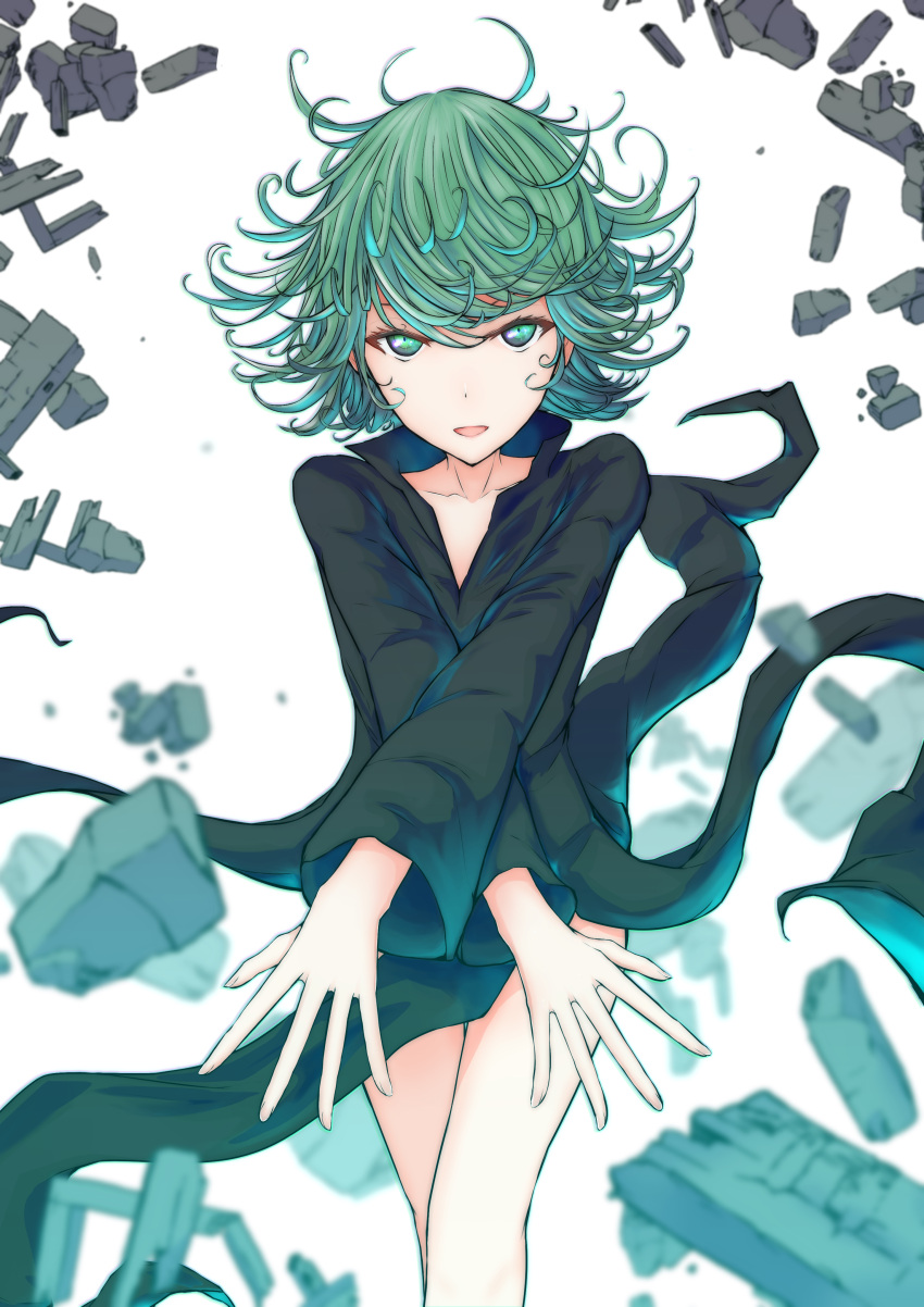 1girl absurdres bare_legs black_dress breasts collarbone commentary_request curly_hair dress floating floating_object green_eyes green_hair highres kikuwata long_sleeves looking_at_viewer one-punch_man rock short_hair simple_background solo tatsumaki telekinesis white_background
