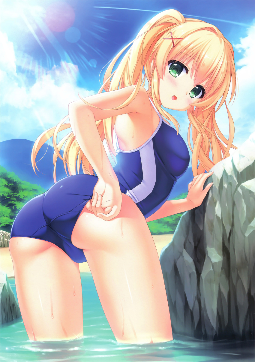 1girl :d absurdres adjusting_clothes adjusting_swimsuit blonde_hair blue_sky blue_swimsuit blush clouds day green_eyes hair_ornament highres leaning_forward lens_flare long_hair looking_at_viewer nagayama_yuunon open_mouth outdoors school_swimsuit sky smile solo summer_pockets sunlight swimsuit tsumugi_wenders twintails very_long_hair wading x_hair_ornament