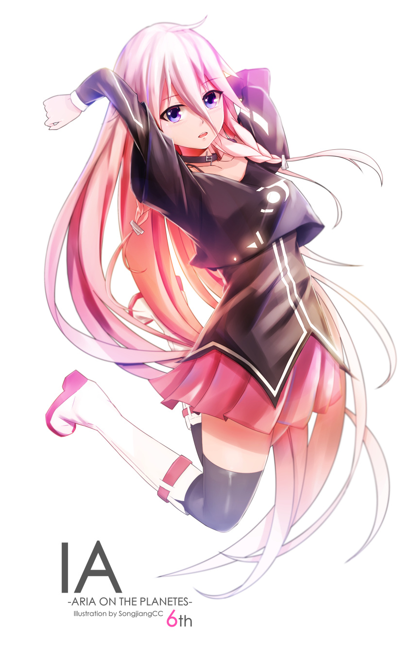 1girl absurdres arms_up artist_name black_legwear blue_eyes boots character_name collar collarbone eyebrows_visible_through_hair floating_hair full_body hair_between_eyes highres ia_(vocaloid) knee_boots long_hair looking_at_viewer miniskirt pink_skirt pleated_skirt silver_hair simple_background skirt solo songjiangcc thigh-highs very_long_hair vocaloid white_background white_footwear