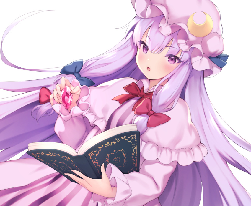 1girl :o bangs blue_bow blue_ribbon blush book bow bowtie capelet commentary_request crescent crescent_hair_ornament crystal dress eyebrows_visible_through_hair hair_between_eyes hair_bow hair_ornament hat hat_ribbon holding holding_book long_hair mob_cap parted_lips patchouli_knowledge pokachu purple_capelet purple_dress purple_hair purple_headwear red_bow red_neckwear ribbon sidelocks simple_background solo striped touhou upper_body vertical-striped_dress vertical_stripes very_long_hair violet_eyes white_background wing_collar