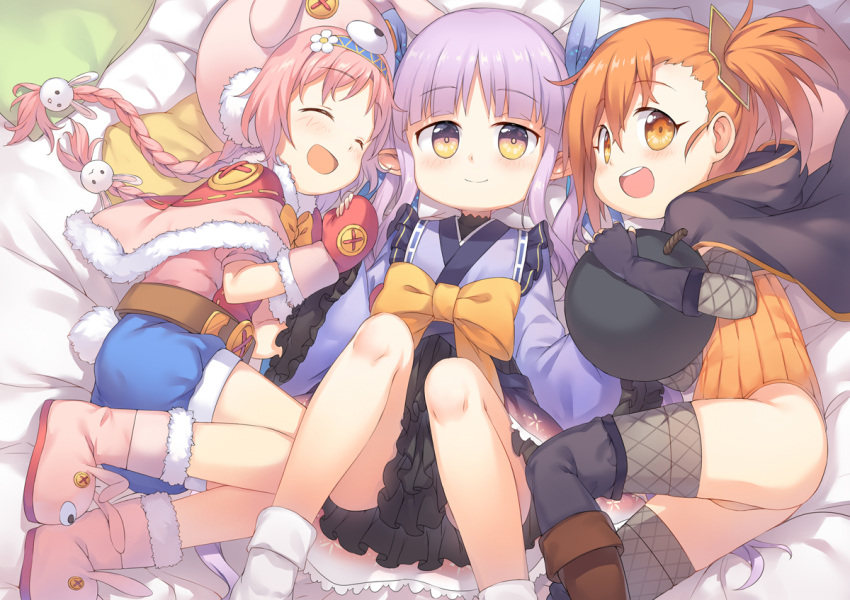 3girls :d ^_^ akane_mimi animal_ears animal_hat bangs bed_sheet black_cape black_gloves black_legwear blue_hairband blue_ribbon blue_shorts blush bomb boots bow braid brown_eyes brown_footwear bunny_hair_ornament bunny_hat cape capelet closed_eyes closed_mouth commentary_request earmuffs elbow_gloves eyebrows_visible_through_hair fake_animal_ears fingerless_gloves fishnet_legwear fishnets flower fred04142 fur-trimmed_capelet fur_trim girl_sandwich gloves grey_legwear hair_between_eyes hair_flower hair_ornament hair_ribbon hairband hat hikawa_kyoka hodaka_misogi holding_hands hood hood_down hooded_cape japanese_clothes kimono knee_boots knees_up leotard long_hair low_twintails lying mittens multiple_girls on_back on_side open_mouth orange_bow orange_eyes orange_hair orange_leotard pillow pink_capelet pink_hair pink_headwear pink_shirt pointy_ears princess_connect! princess_connect!_re:dive puffy_short_sleeves puffy_sleeves purple_hair purple_kimono rabbit_ears red_mittens ribbed_leotard ribbon ribbon_trim round_teeth sandwiched shirt short_shorts short_sleeves shorts smile teeth twin_braids twintails upper_teeth very_long_hair white_flower white_legwear
