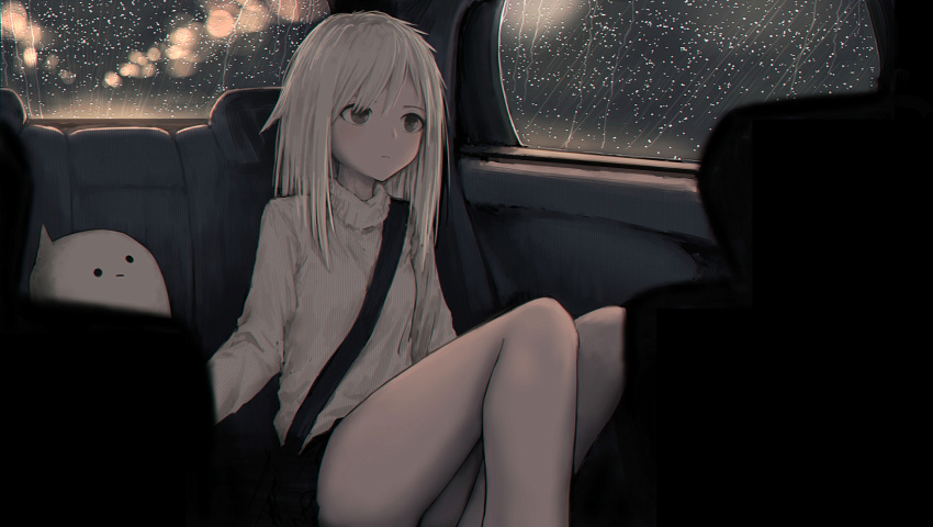 1girl car_interior furukawa_wanosuke highres medium_hair night original rain ribbed_sweater seatbelt sitting solo sweater white_hair